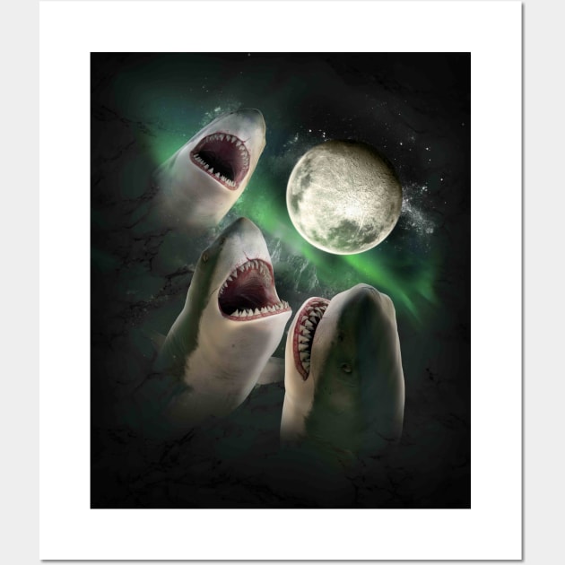 3 Shark Moon, Wolf Sharks, Wolves Howling Wall Art by Random Galaxy